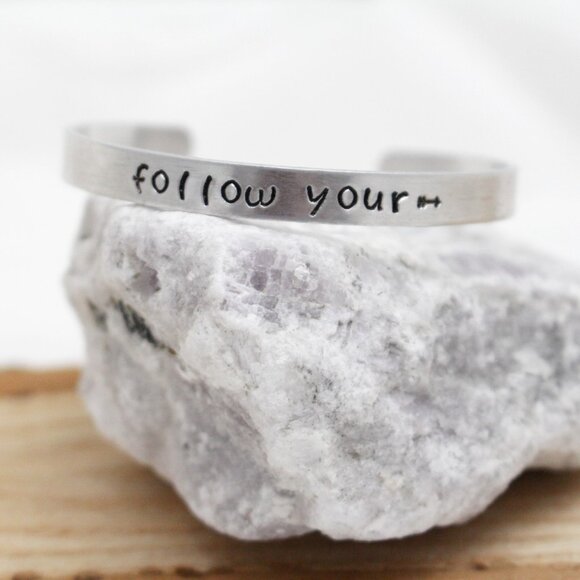 Follow Your (Arrow) ---> - Hand Stamped Anodized Aluminum Bangle - Adjustable - Picture 3 of 11